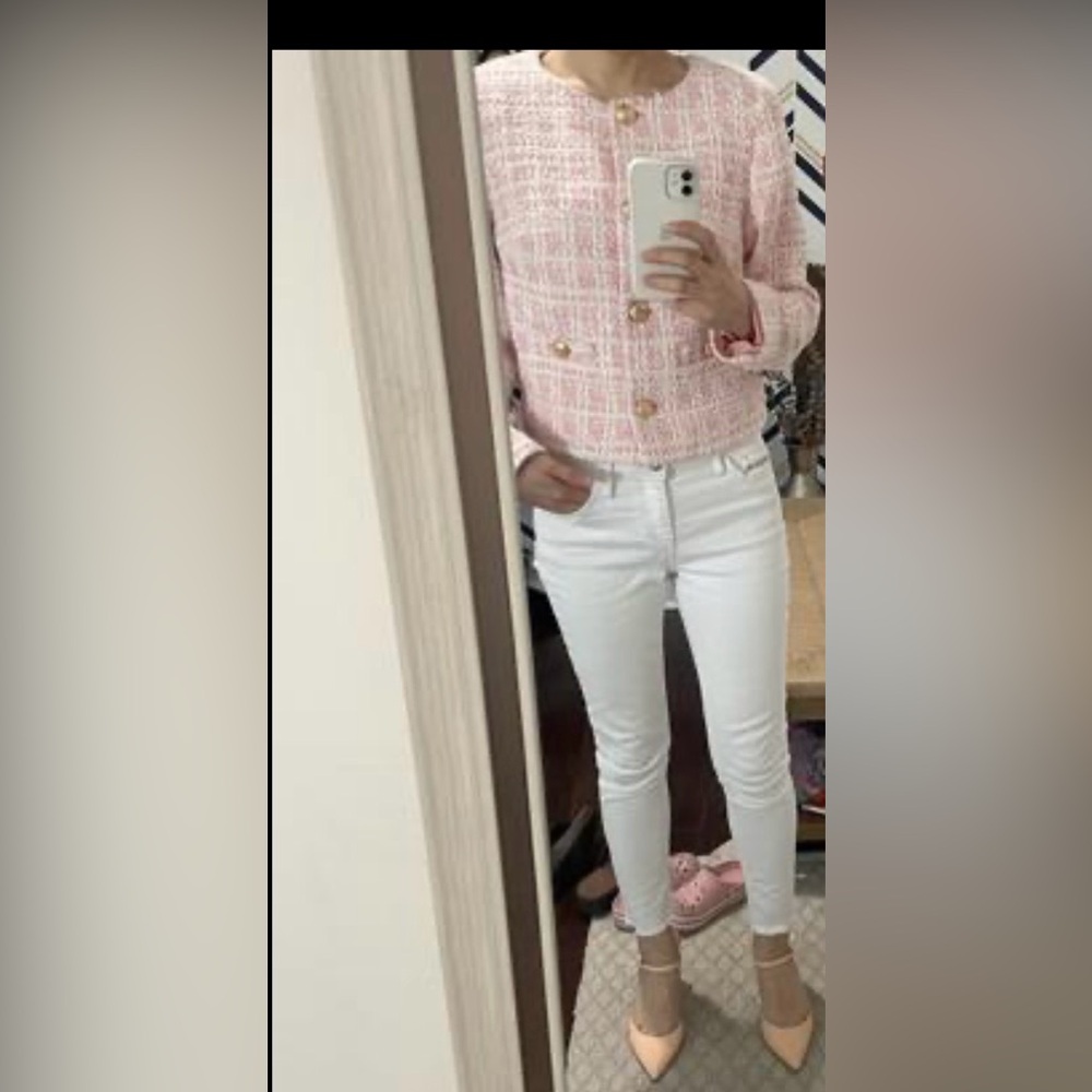 Express Women's Pink and White Tweed Jacket - Picture 6 of 11